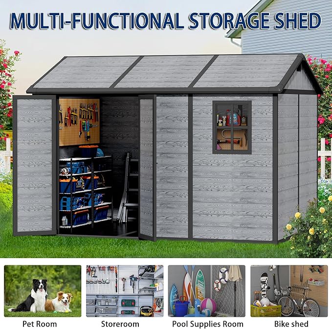10x8 FT Resin Outdoor Storage Shed with Floor, Weather-Resistant Plastic Garden Shed with Windows, Lockable Door and Vents, Outside Tool Storage Sheds for Backyard, Garden, Lawn, Wood Grain