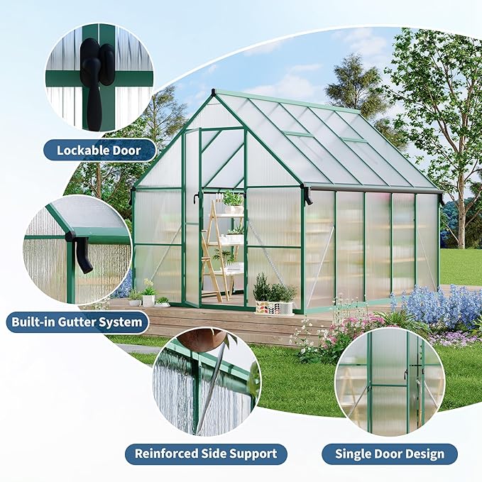 8X10 ft Polycarbonate Greenhouse with Aluminum Frame, Polycarbonate Greenhouse for Outdoors, Greenhouses with Ventilation and Rain Gutter, Aluminum Large Walk-in Greenhouses for Outside