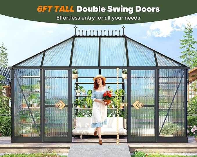 14×9.7×10 FT Greenhouse for Outdoors with 6 ft Double Swing Door & 2 Vents, Heavy Duty Green House with Aluminum Frame for Outside Patio Backyard Garden