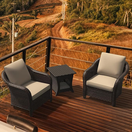 Vista Vibe Outdoor Rattan Chairs Set of 2 with Coffee Table, All-Weather Patio Conversation Furniture Set with Washable Cushions &Hand-Woven PE Rattan, Garden, Bistro, Deck, Yard (Beige)
