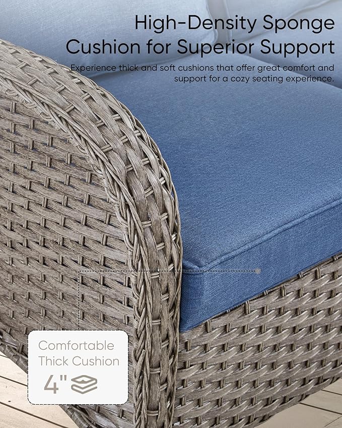 HUMMUH 2-Person Outdoor Glider Bench-All-Weather Wicker Patio Double Swing Rocking Chair Patio Loveseat for Deck Lawn Porch Balcony Poolside-Grey/Blue