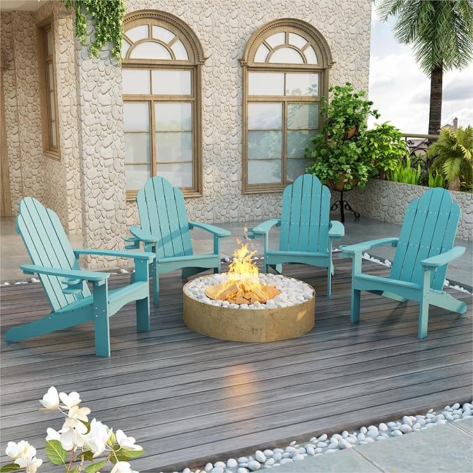 LUE BONA HDPS Adirondack Chairs Set of 8, Fire Pit Outdoor Chair Weather Resistant with Cup Holder, Modern Plastic Chair Plastic for Patio, Deck, Proch, 350LBS, Blue Turquoise