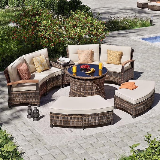 MEISSALIVVE 8 Piece Outdoor Patio Furniture Set, Half-Moon Curved Sectional Set with Wood Armrests, Patio Conversation Set, 2 Half-Moon Ottomans, Round Table & Side Table (Brown)