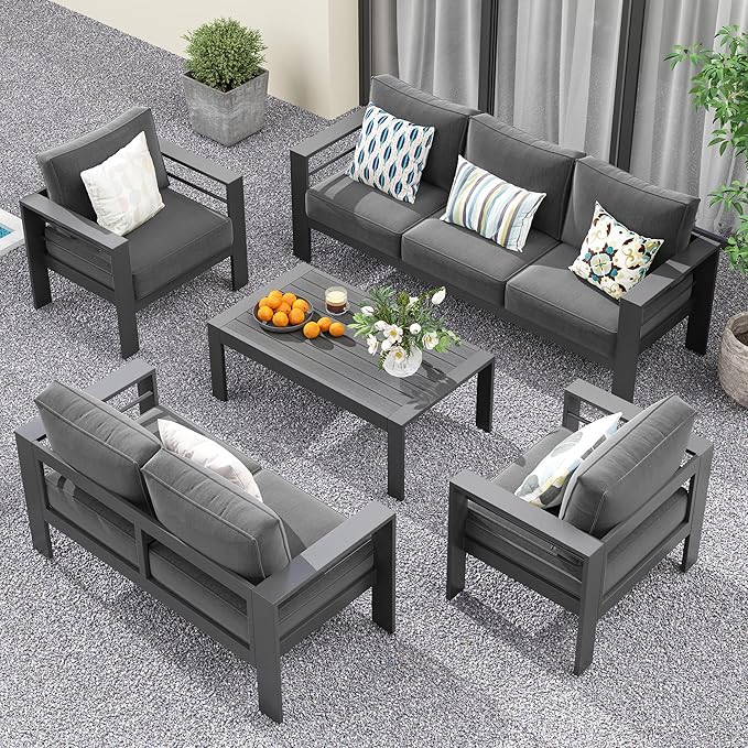 Solaste Aluminum Patio Furniture Set for All Weather, Oversized Metal Outdoor Furniture Set with 27.5" Deep Seating and 3.2" Wide Armrest, Outdoor Patio Conversation Sets with 5" Cushion, Dark Grey