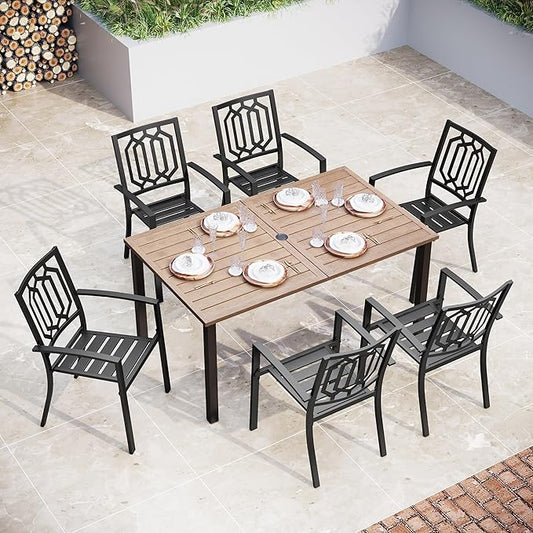 Sophia & William Patio Table and Chairs Set, Outdoor Dining Set for 6, 7 Piece Metal Patio Furniture, 60" Rectangular Table with Wood-Like Tabletop(Geometry)