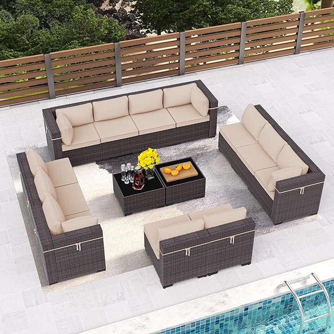 Outdoor Patio Furniture Set, 14 Pieces Outdoor Furniture All Weather Patio Sectional Sofa PE Wicker Modular Conversation Sets with Coffee Table,12 Chairs & Seat Clips(Sand)