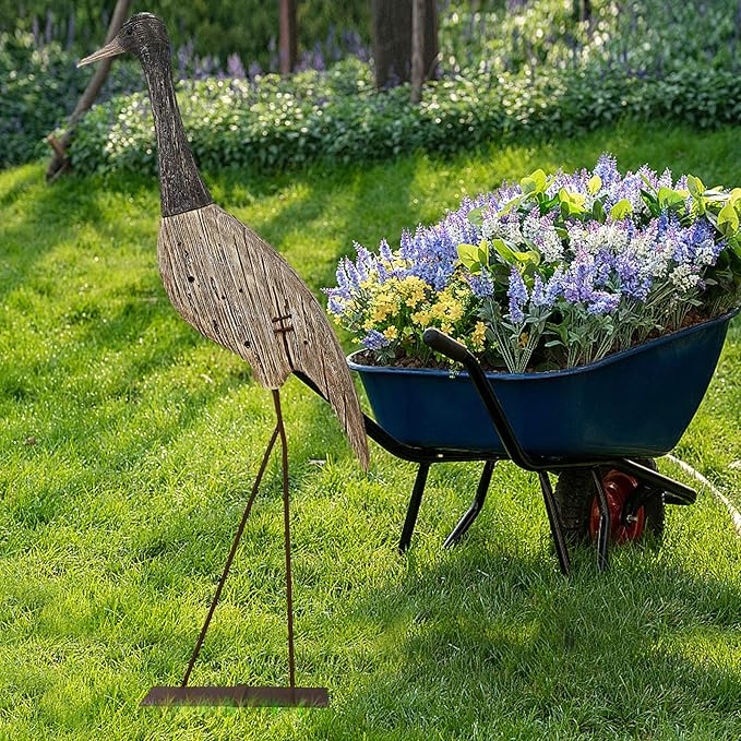 Morning View Wooden Crane Decor Wood Sea Birds Statue Bird Figurines Seabird Statue Standing Cranes Decorations Coastal Sculpture Nautical Beach Ocean Home Table Garden Yard Lawn Outdoor 31 Inch