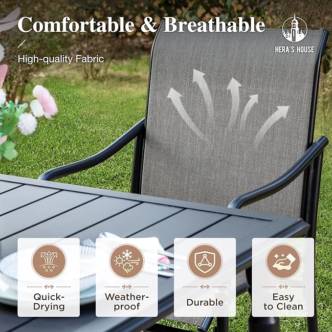 HERA'S HOUSE Outdoor Dining Sets for 8, 9 Pieces Patio Table and Chairs Set, 83” Rectangle Metal Table with Textilene Chairs for Backyard Garden Lawn