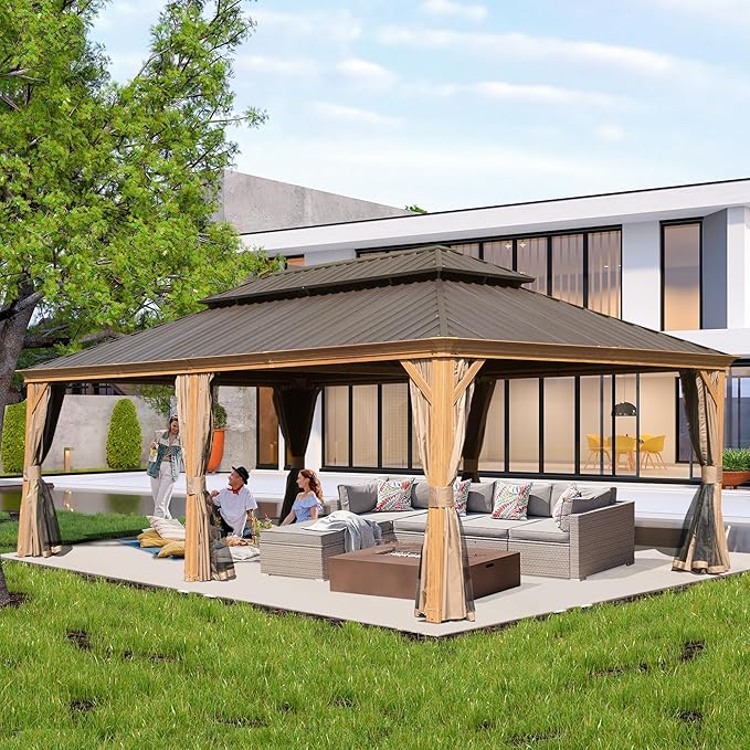 Domi 14' X 24' Hardtop Gazebo Outdoor Metal Gazebo Canopy with Galvanized Steel Double Roof, Wood Grain Aluminum Frame, Curtains and Netting for Patio, Deck, Garden
