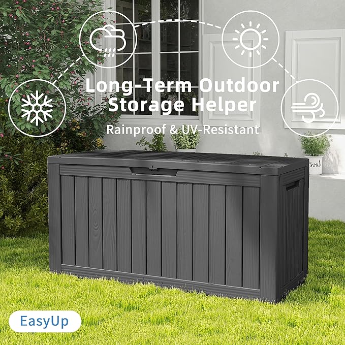 EasyUp 90 Gallon Outdoor Storage Box, Resin Waterproof UV-Resistant Deck Box, Reinforced Stability for Patio, Garden, and Poolside, Striped Black