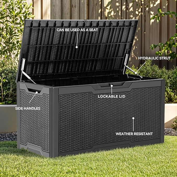 YITAHOME 100 Gallon Resin Deck Box, Weather Resistant Outdoor Storage Box, Lockable Indoor Outdoor Storage for Supplies and Essentials, Black
