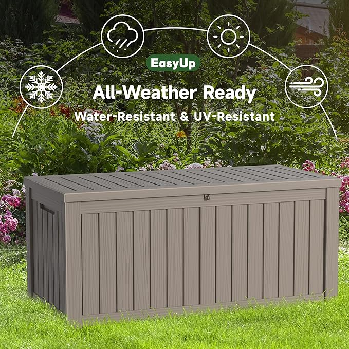 EasyUp 120 Gallon Outdoor Storage Box, Resin Waterproof UV-Resistant Deck Box with Hydraulic Lid Support, Reinforced Stability for Patio, Garden, and Poolside, Striped Gray