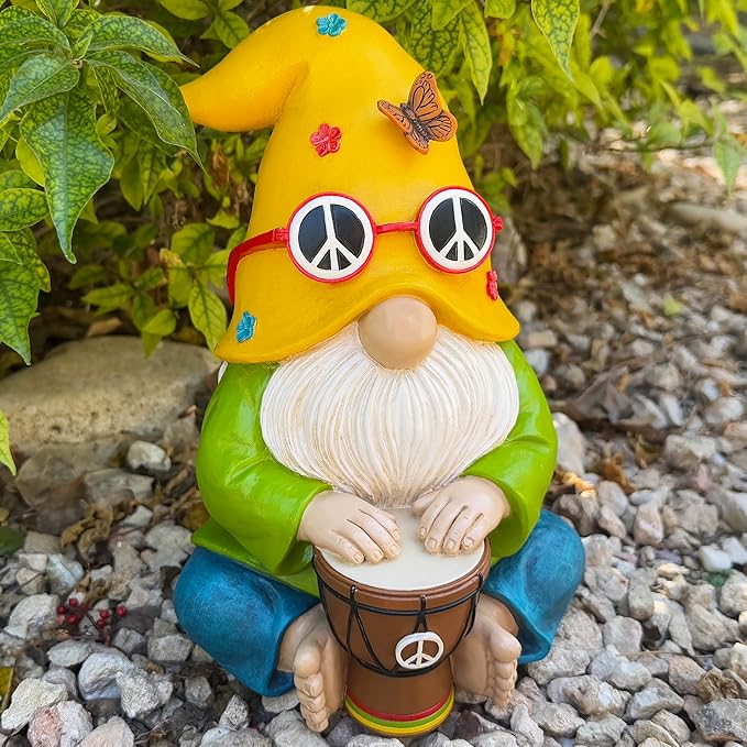 Mood Lab Garden Gnome - Hippie Drummer Gnome Figurine - 9.1 Inch Tall Funny Lawn Statue - for Outdoor or House Decor