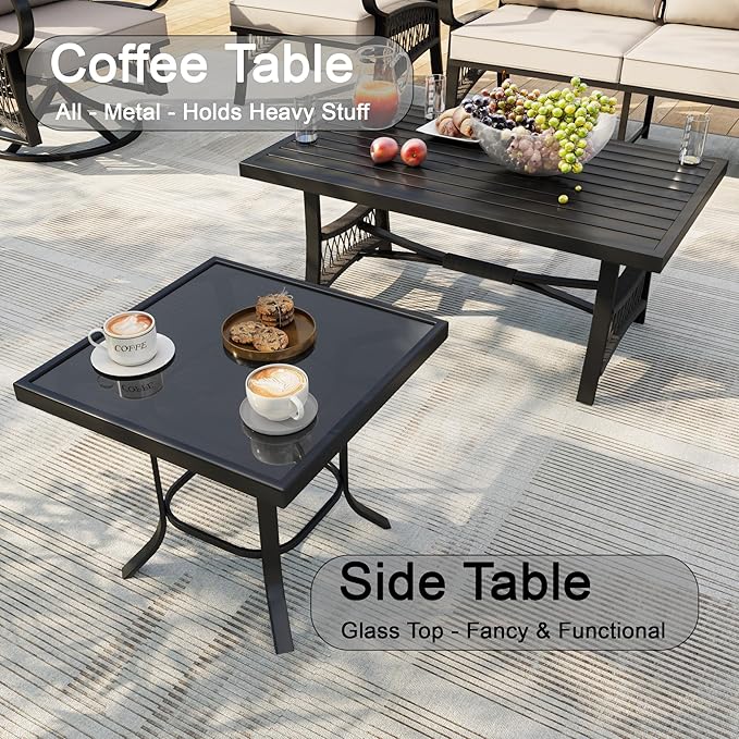 9 Pieces Outdoor Patio Conversation Sets with All Weather Cushions, Metal 3-Seater, 2 Swivel Rockers, 2 Single Chairs, 1 Loveseat, 1 Side Tables, 1 Coffee Table, 1 Fire Pit Table, Beige