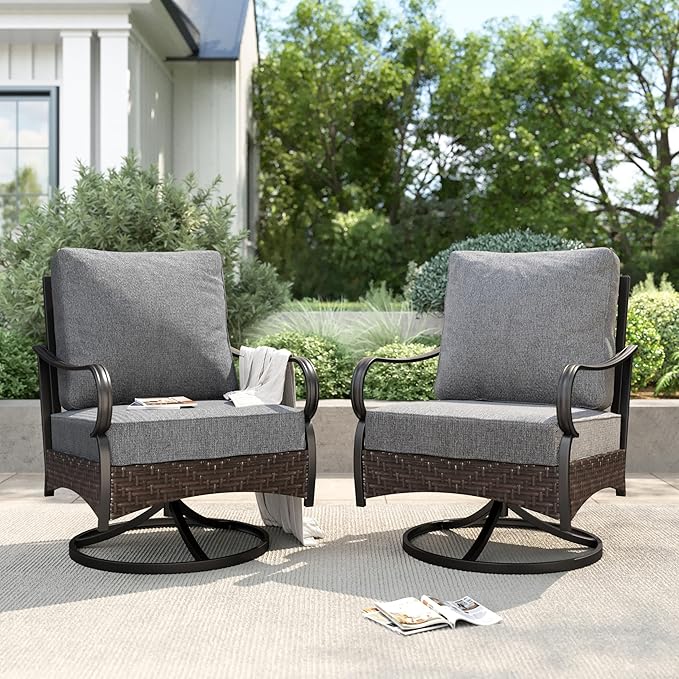 PHI VILLA Patio Swivel Chairs Set of 2, Outdoor Wicker Chairs with Thick Cushion, All Weather High Back Outdoor Furniture for Balcony Porch and Yard
