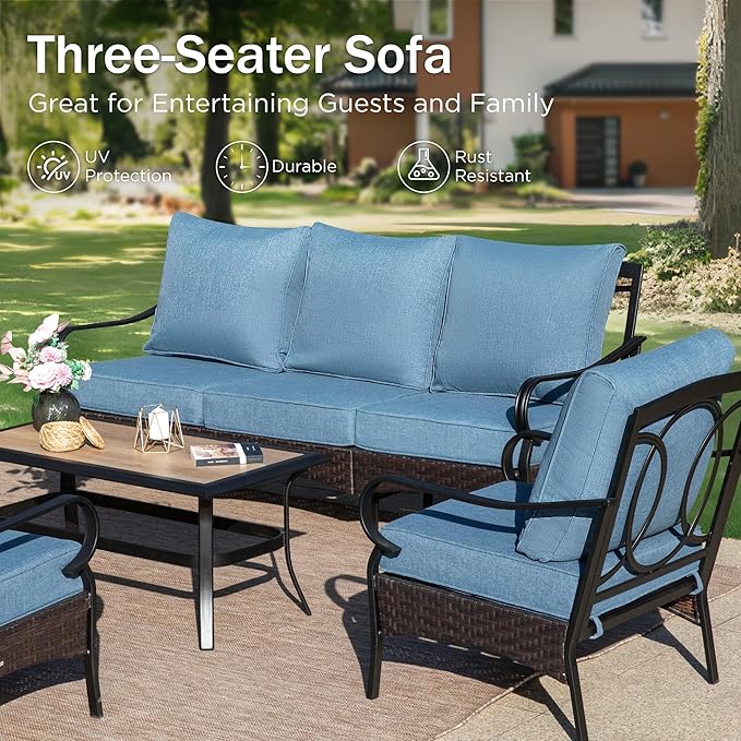 Patio Furniture Set with 56" Fire Pit Table, Premium Outdoor Wicker Metal Frame Furniture with Upgraded Waterproof Thick Cushions for Porch, Poolside, Deck, and Yard（4 Pieces,Navy