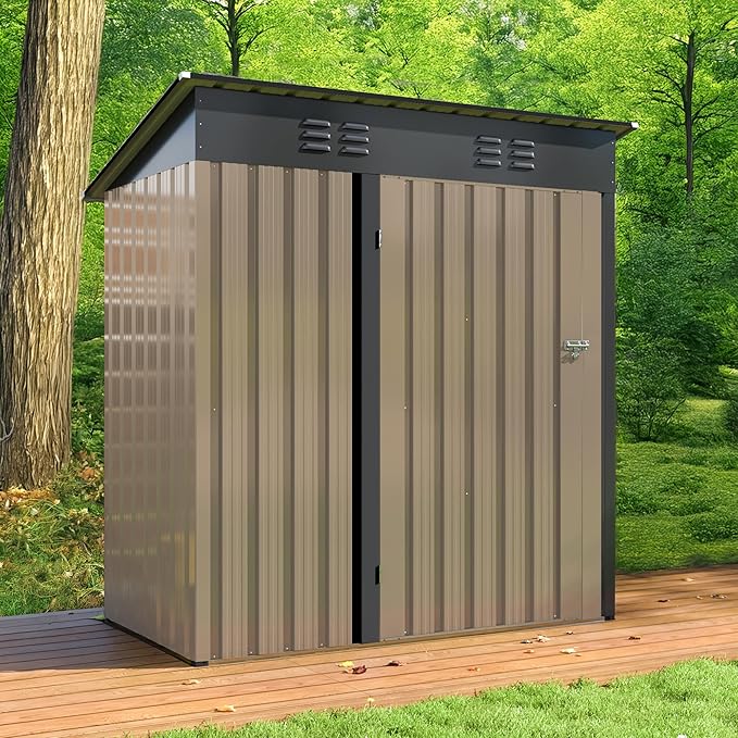 5x3 FT Outdoor Storage Shed, Garden Shed with Updated Frame Structure and Lockable Doors, Metal Tool Sheds for Backyard Garden Patio Lawn,Brown