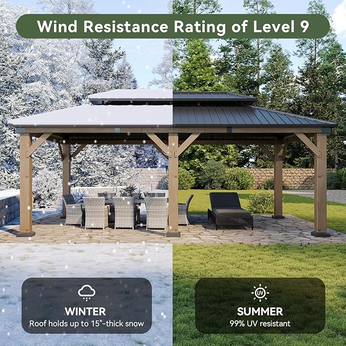Aoxun 12' x 20' Outdoor Wood Gazebo, Hardtop Gazebo Permanent Wooden Pavilion with Galvanized Steel Double Roof, for Patio, Garden, Backyard, Cedar Wood