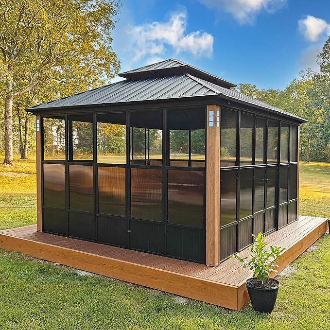 PURPLE LEAF 12' X 14' Sunroom Patio Hardtop Gazebo Double Top Galvanized Steel Screen House Aluminum Sun Room Outdoor Solarium for Garden Backyard