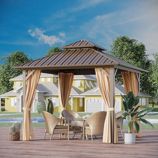 10'x10' Hardtop Gazebo Outdoor Aluminum Patio Gazebo Double Roof Galvanized Steel Canopy with Netting and Curtains,for Garden, Backyard,Deck and Lawns