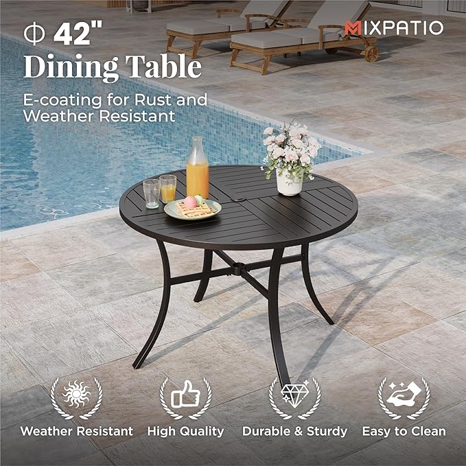 Patio Table and Chairs Set for 4, 5 Pieces Outdoor Dining Set, 4 Brown Textilene Chairs and 42" Metal Round Table with Umbrella Hole, for Deck Garden Backyard Lawn Poolside