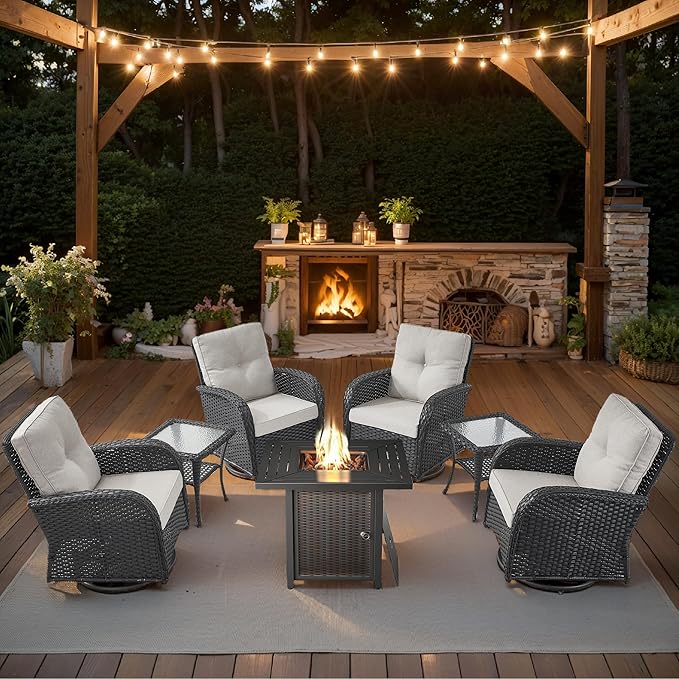 7 Piece Patio Furniture Set with Fire Pit Table - Wicker Patio Conversation Set with 4 Swivel Glider Chairs and 2 Tempered Glass Side Tables for Deck Backyard - Black Wicker Beige Cushion