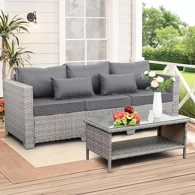 WAROOM Outdoor PE Wicker Coffee Table - Patio Rattan Garden Side End Tea Table with Glass Top Furniture, Grey