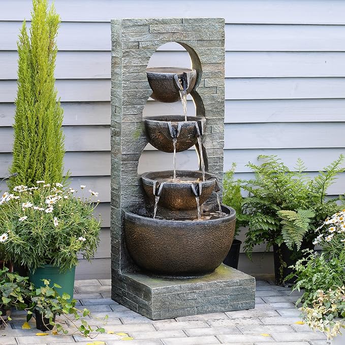 Water Fountain Outdoor Garden Waterfall Large Water Feature Tiered Freestanding Cascade Fountains Bowl Modern Artistry with LED Strip for Patio Yard Deck Home Decor, 43 inches, Brown