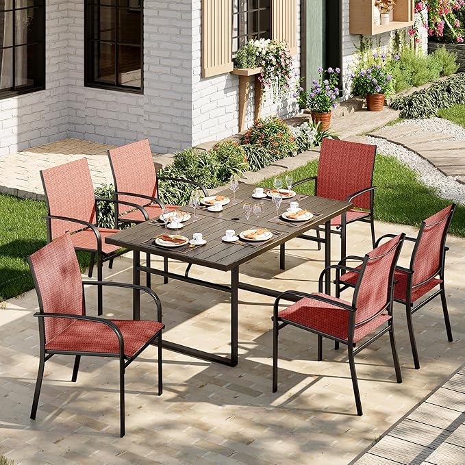 7-Piece Outdoor Dining Set 6 Red Textilene Chairs and Steel Tabletop with Wood Grain Rectangle Table for Deck Garden Backyard Lawn Poolside