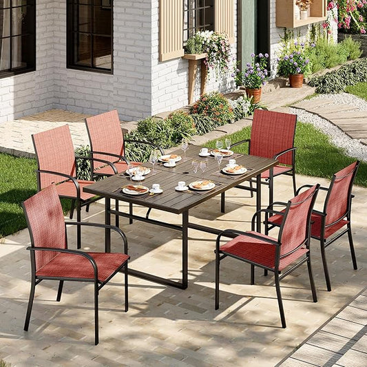 7-Piece Outdoor Dining Set 6 Red Textilene Chairs and Steel Tabletop with Wood Grain Rectangle Table for Deck Garden Backyard Lawn Poolside