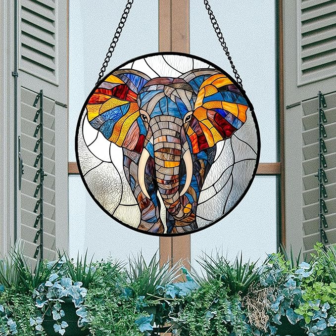 Stained Glass Window Hanging, Colorful Elephant Sun Catcher for Door Home Decor Animal Suncatcher Christmas Mother's Day Birthday Gifts for Women Men Mom and Nana 11.8 in