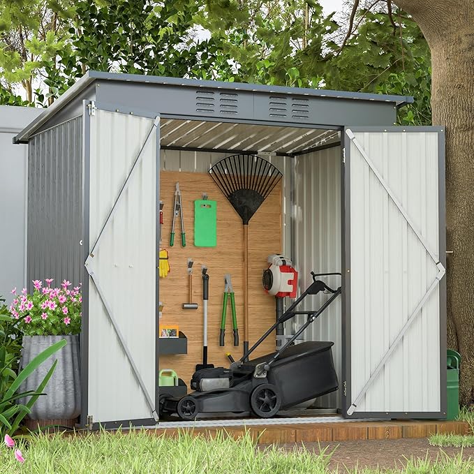 6x4 FT Outdoor Metal Storage Shed with Frame Floor & Sloping Roof, Lockable Double Door, Weatherproof Steel Garden Shed for Tools, Lawn Equipment & Patio Supplies