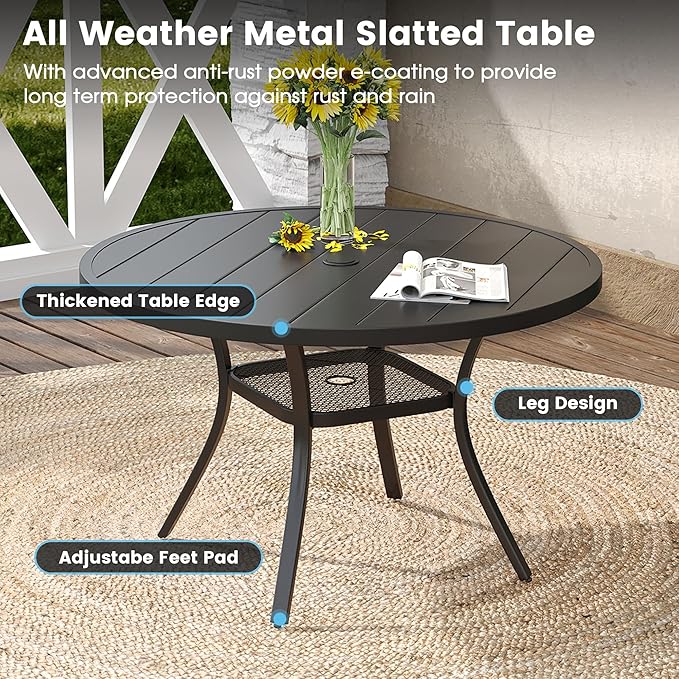 DIFY 5 Pieces Outdoor Patio Dining Set, 4 Brown Textilene Swivel Dining Chairs and 40.6" Black Round Dining Table, Metal Outdoor Table and Chairs