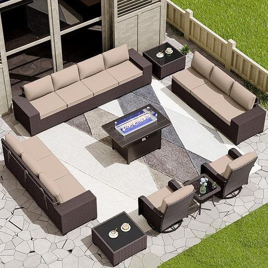 16 Pieces Outdoor Patio Furniture Set Outdoor Furniture Patio Sectional Sofa Conversation Sets w/ETL Approved 45" Gas Outdoor Fire Table & Coffee Table, Swivel Rocking Chair (Brown)