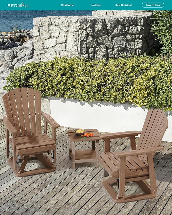 SERWALL Adirondack Swivel Glider Chair, HDPE Patio Swivel Glider Set of 2, All-Weather Glider Chair for Porch, Balcony, Wood Brown