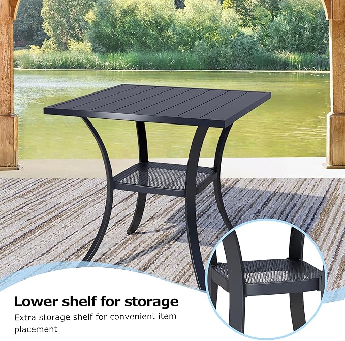 3 Pieces Round Dining Table Set for 2, Patio Dining Set Includes 2 Blue Stackable Patio Chairs and 27.6" Black Metal Square Table, Patio Furniture Sets with Sling Support for Outside, Garden