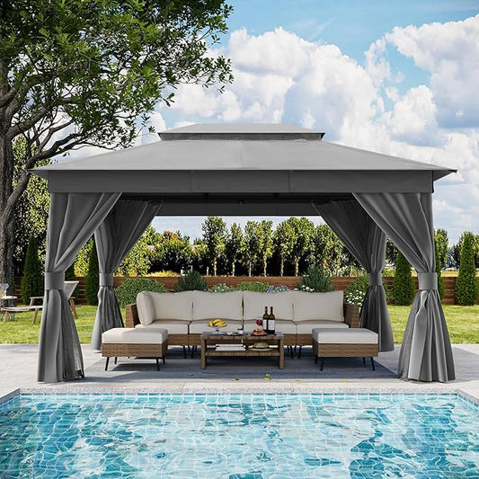 Outdoor Patio Gazebo 10x13FT, Heavy Duty Party Tent & Shelter with 2-Tier Roof and Expansion Bolts, Mosquito Nettings and Privacy Screens for Backyard, Garden, Poolside, Gray