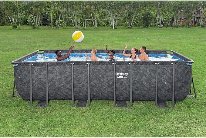 Bestway APX 365 18' x 9' x 52" Rectangular Above Ground Swimming Pool Outdoor Backyard Framed Pool Set with Sand Filter Pump, Ladder, and Cover, Gray