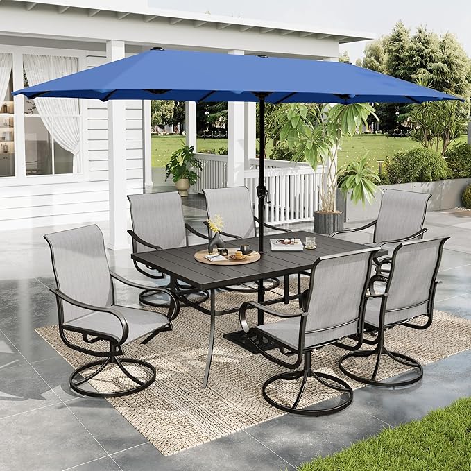Sophia & William 8-Piece Outdoor Dining Set with 13ft Large Patio Umbrella - Navy, 6 x Grey Swivel Patio Chairs & 59" Dining Table for Lawn Garden