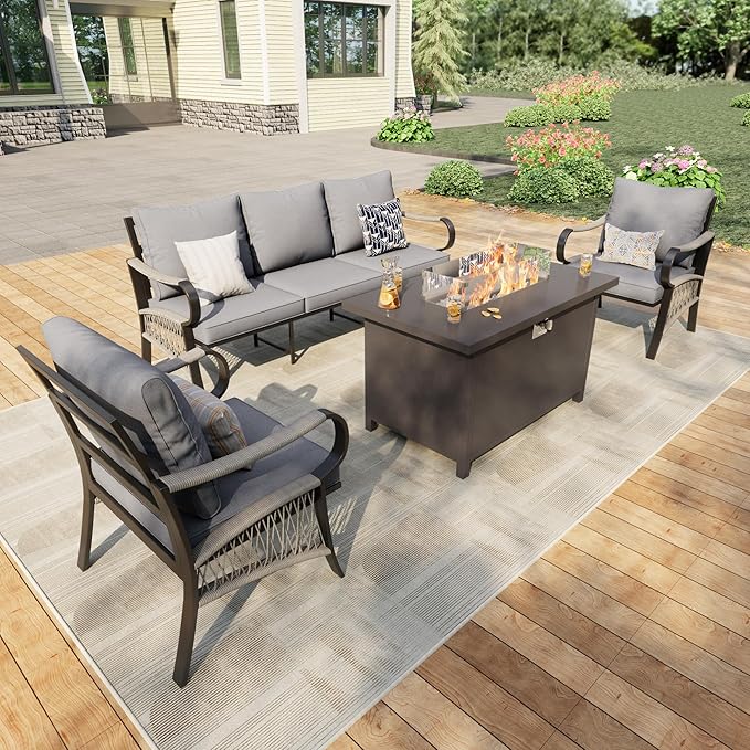4 Pieces Patio Conversation Sets, All Weather Metal Outdoor Furniture Set, 3-Seater, 2 Single Chairs, 1 Fire Pit Table for Backyard Garden Deck Porch Poolside, Gray
