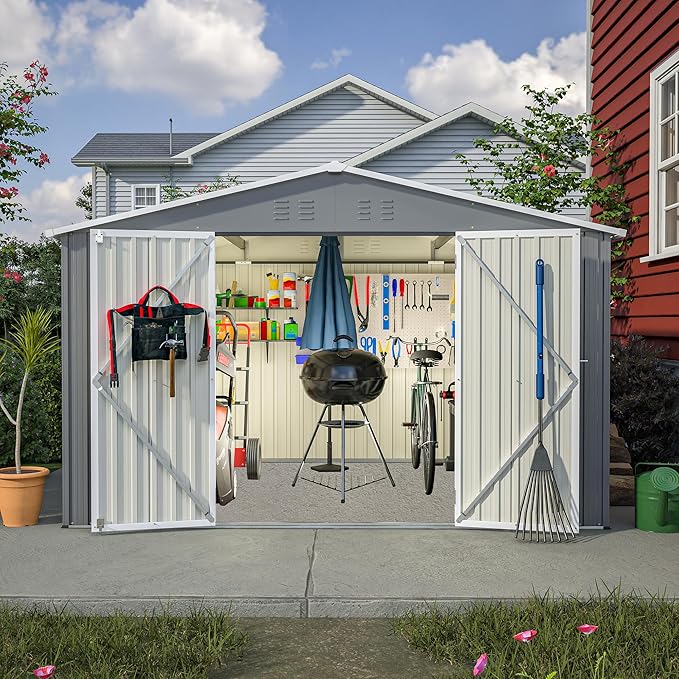 10X8 FT Outdoor Storage Shed, All Weather Metal Sheds withLockable Doors, Tool Shed for Garden, Patio, Backyard, Lawn, Grey