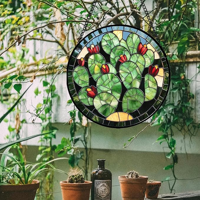 Stained Glass Window Hanging - Green Cactus Suncatcher for Doors Garden Patio Retro Plants Sun Catchers Decor Christmas Mother's Day Birthday Gifts for Women Men Mom Nana Friend 15 in