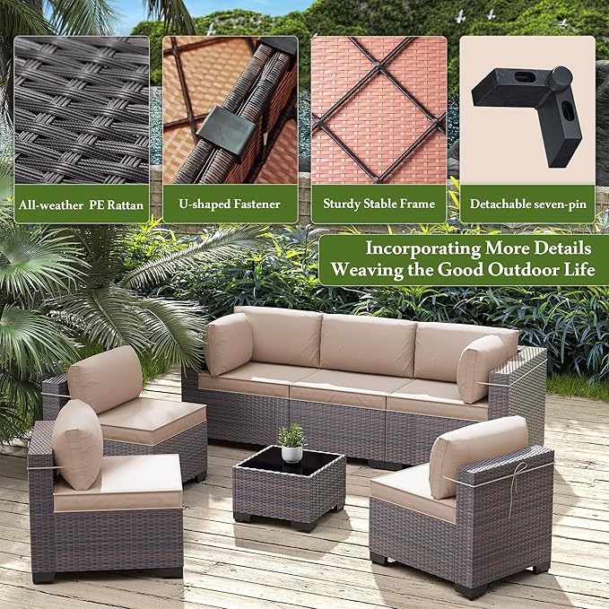 Outdoor Patio Furniture Set, 7 Pieces Outdoor Furniture All Weather Patio Sectional Sofa PE Wicker Modular Conversation Sets with Coffee Table,6 Chairs & Seat Clips Brown