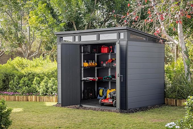 9x7 Ft All-Weather Storage Shed with Skylight,Window,Built-in Ventilation,Walls, & Lockable Double Doors for Patio Furniture Lawn Mower Tools and Bike Storage Lockable Black and Gray