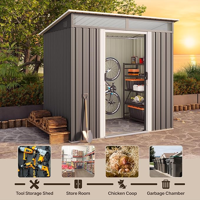 Gizoon 6'x4' Outdoor Storage Shed Metal Garden Shed with Sliding Lockable Doors, Versatile Tool Bike Shed with Transparent Panel Windows, Outdoor Storage Clearance for Backyard, Patio, Dark Gray