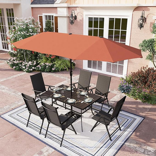 PHI VILLA Outdoor Patio Dining Set with Umbrella for 6, Large Rectangle Patio Table and Chairs Set with 6 Adjustable Folding Patio Sling Chairs(Black) & Red Patio Umbrella for Outside, Deck and Yard