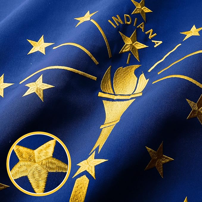 G128 Indiana State Flag | 1x1.5 Ft | StormFlyer Series Embroidered 220GSM Spun Polyester | Embroidered Design, Indoor/Outdoor, Brass Grommets, Heavy Duty, All Weather