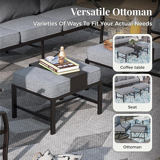 Patio Furniture Set 6 pcs, Outdoor Patio Furniture, 3-Seat Sofa, 2 Rocking Chairs, 2 Ottomans, Coffee Table and 5.75" Extra Thick Cushion, Patio Conversation Set for Backyard Deck,Grey