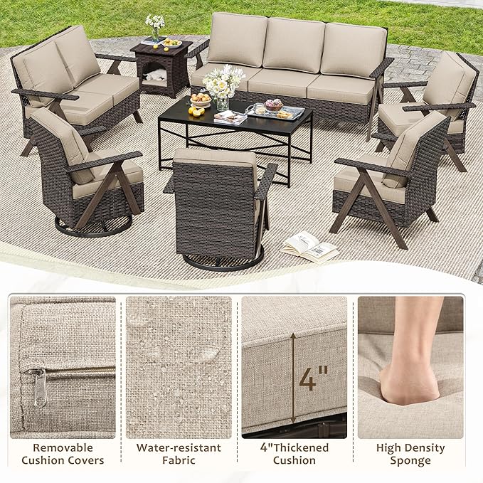 8 Pieces Patio Furniture Set,Outdoor Loveseat Sofa & High Back Swivel Rocker Patio Chairs, Wicker Conversation Set with Coffee Table and Side Table for Deck Yard and Poolside