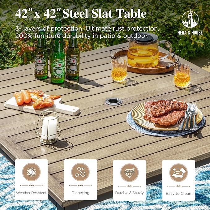 HERA'S HOUSE 5-Piece Outdoor Dining Set, 42" Square Patio Table and Chairs Set with Umbrella Hole for Restaurant Garden Lawn Backyard